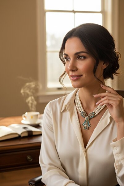 FAYRA ACCESSORIES Kristal Taşlı Tasarım İnci Kolye
