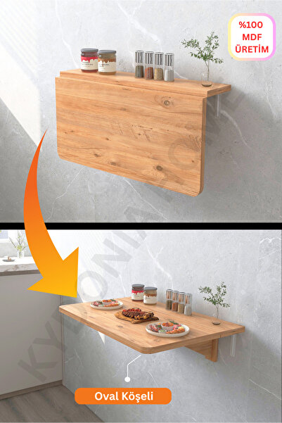 Kydonia Home 45x72 cm Raflı Oval Köşeli Mdf Lam Duvara Monte Kırma Katlanır Masa
