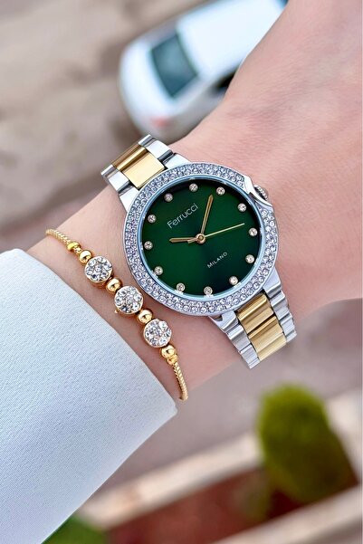 Ferrucci Women's Wristwatch and Bracelet with Dial Green Cord Gold Gray Color...