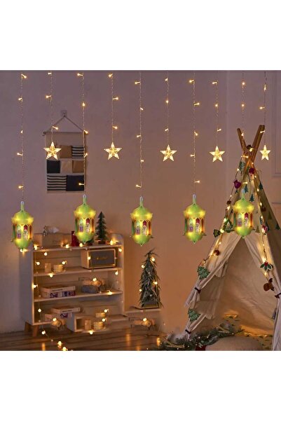 Party and Story زينة رمضان المضيئة على شكل فانوس نجمة، 2 متر، 10 خطوط صفراء