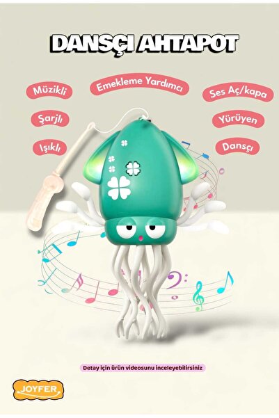 Joyfer Emeklemeye Yardımcı Şarjlı Dansçı Işıklı Müzikli Oltalı Ahtapot Oyunca...