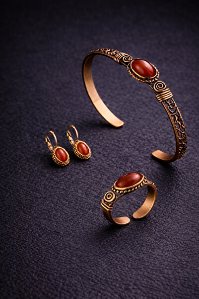 İyyaKee Kadın Bileklik Küpe Yüzük Takım Set Doğal Kırmızı Akik Taşlı Bakır Set