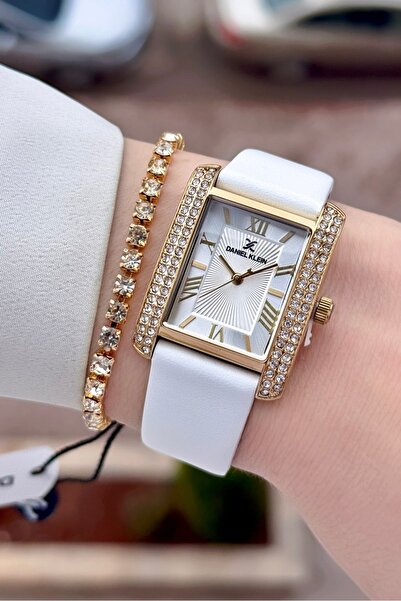 Daniel Klein Case Gold Cord White Color Women's Wrist Watch and Bracelet