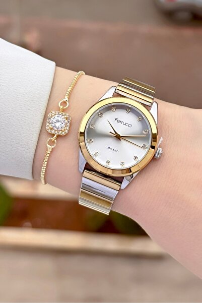 Ferrucci ساعة يد نسائية وسوار بلون ذهبي معدني