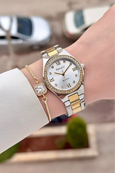 Ferrucci Gold Gray Color Adjustable Cord Women's Wrist Watch and Bracelet