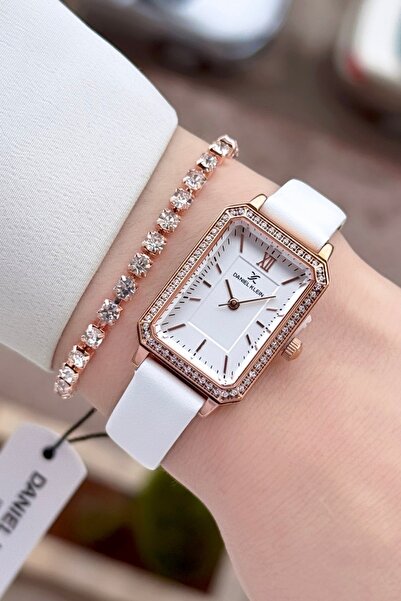 Daniel Klein ساعة يد نسائية وسوار بحزام برونزي ولون أبيض مع ضمان لمدة عامين