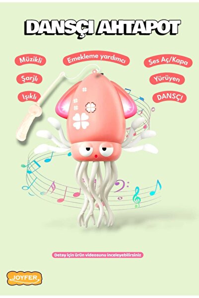 Joyfer Emeklemeye Yardımcı Şarjlı Dansçı Işıklı Müzikli Oltalı Ahtapot Oyunca...