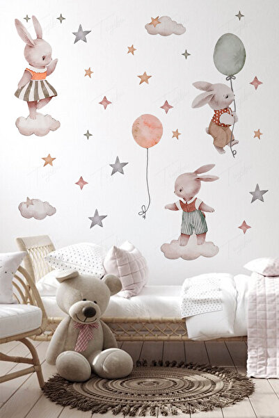 TUGİBU Cheerful Rabbits Children's Room Wall Sticker Set, 61 Pieces Rabbit Th...