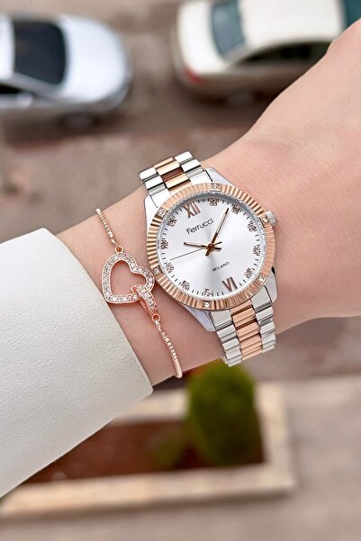Ferrucci Rose Gray Color Adjustable Cord Women Wrist Watch & Bracelet
