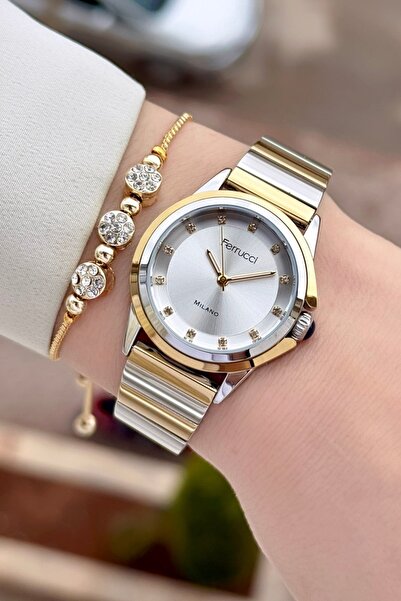 Ferrucci ساعة يد نسائية وسوار بلون ذهبي معدني