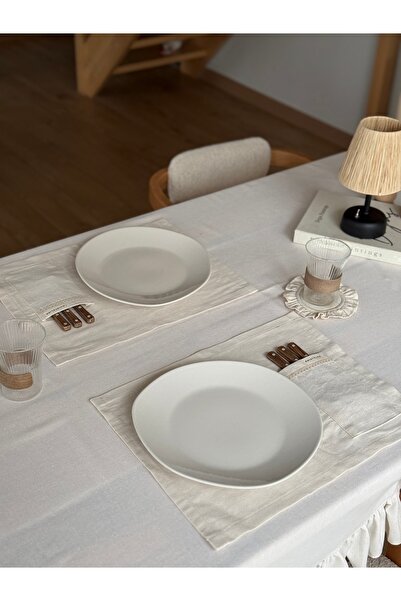 KaiAtelier 6Lı Natural Ham Keten Kaşıklık Detaylı Amerikan Servis/ Supla