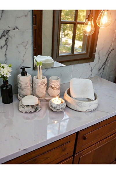 Trust Stone طقم حمام من الخرسانة بنمط رخامي، موزع صابون سائل، حامل فرشاة أسنا...