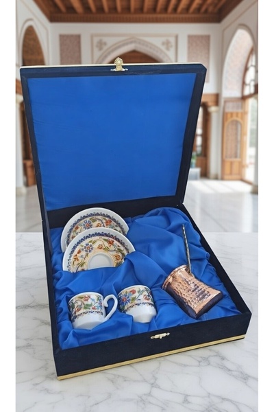 Nihal Süeda إبريق قهوة نحاسي مع صندوق مخملي، طقم أكواب بورسلين مزدوج بتصميم ت...