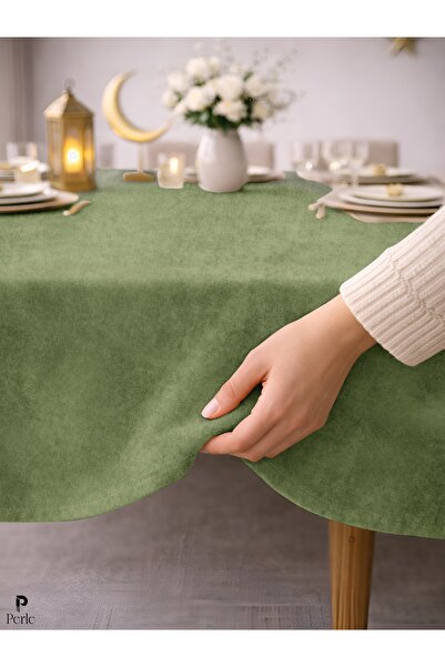 Perle Daily Series Kadife Dokulu Zeytin Yaprağı Rengi Masa Örtüsü