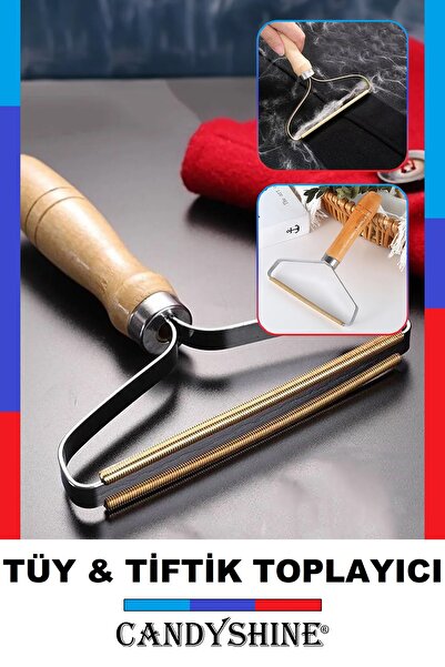 AE Market Ahşap Saplı Metal Uçlu Kazak - Elbise - Halı Tüyü Temizleme Çift Ta...