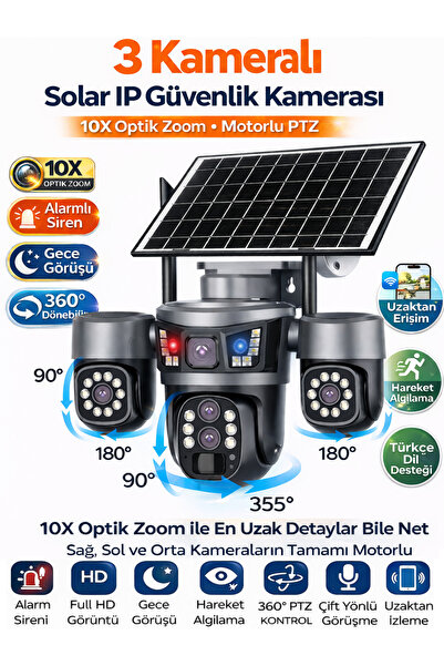 SONREİR RX99 3 Kameralı 3 Motor PTZ 4G Sim Kartlı Solar Güvenlik Kamerası Dış...