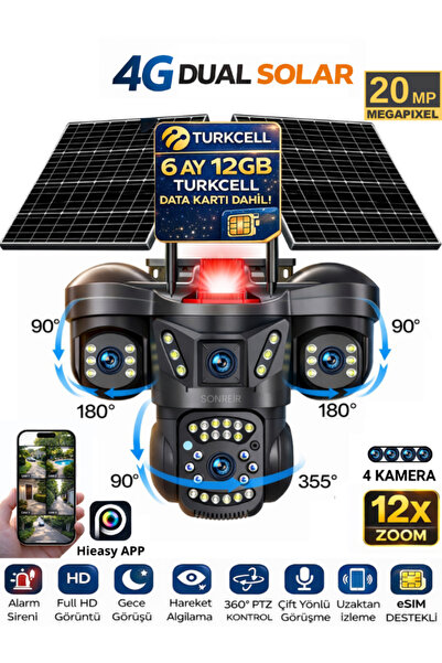 SONREİR AUREX ONE 4 Kameralı 4G Sim Kartlı Solar Güvenlik Kamerası 2 Güneş Pa...