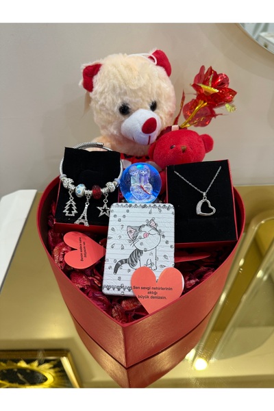 SUMMER GIFT Sevgiliye Özel Kalpli Kutu - Kararmaz Çelik Kolye ve Bileklik - P...