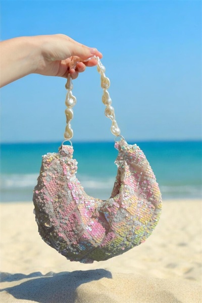 vesperatr Yanardöner pullu tasarım inci saplı elbise çantası