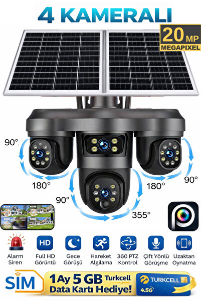SONREİR ES560 4 Kameralı 20MP 4G Sim Kartlı Dual Solar Panelli PTZ Güvenlik K...