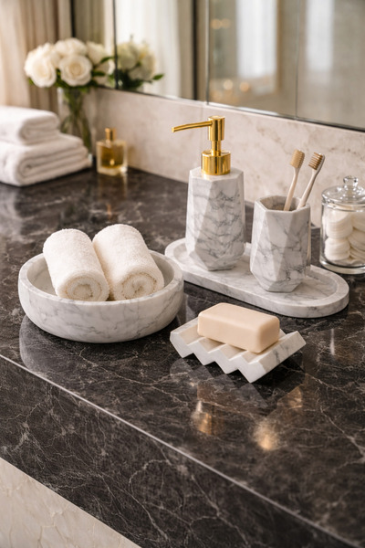 lufen deco طقم حمام من 5 قطع بنمط رخامي يشمل موزع صابون سائل صلب وحامل فرشاة ...