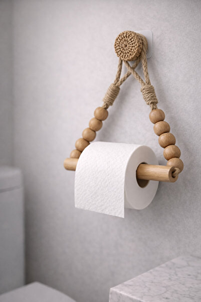 Lethe Studio Rattan Detaylı Jüt İpli Ahşap Boncuklu Tuvalet Kağıtlığı Askılığ...