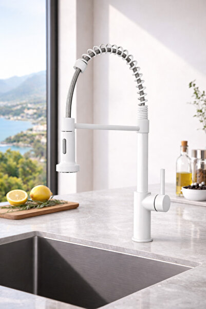 İyem Üso Mutfak Musluk Bataryası Spiralli Beyaz Tr. Yerli Üretim