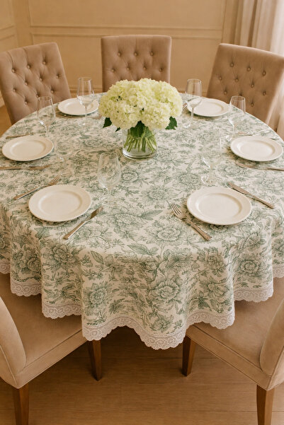 Rona Home Lüks Dijital Baskılı Yuvarlak Masa Örtüsü Güpürlü Yeşil Yaprak Dese...