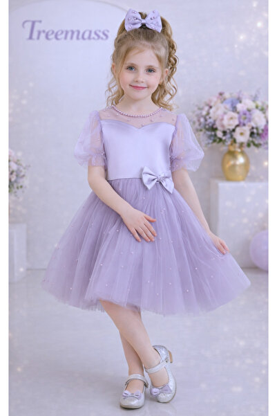TREEMASS Abiye Kız çocuk Elbisesi Tüllü Saten İncili Düğün ve Doğum Günü