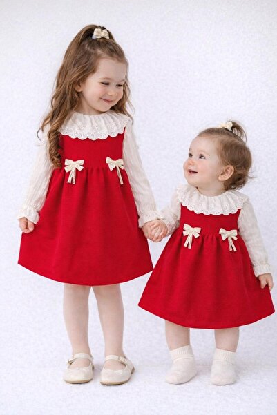 Pandax Bebe Kız Bebek-Çocuk Kırmızı Fiyonklu Bayramlık Elbise | Dantelli Yaka...