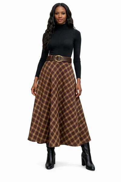 RAZENCİ Kadın Ekose Yüksek Bel A Kesim Midi Mevlana Etek