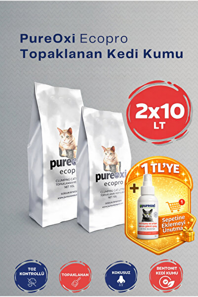 PureOxi 2x10 LT Avantaj Paketi: Ecopro Topaklanan Kokusuz Bentonit Kedi Kumu