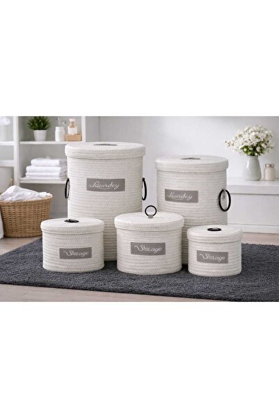 AROW 5li Yuvarlak Bambu Sepet Seti-Düzenleyici (43x43x55 cm)