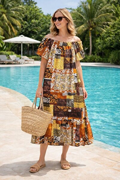 AYASOFYA OTANTIK Women's Madonna Brown Collared Patterned Side Short Sleeve L...