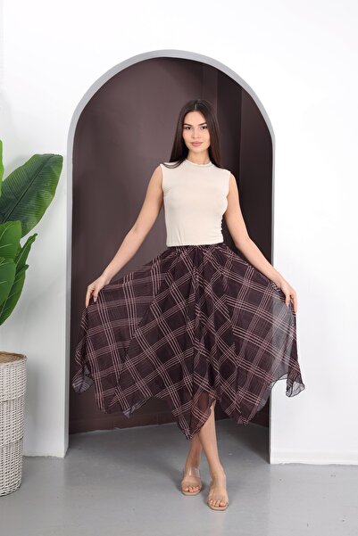 YEK&BİR EKOSE DESENLİ İÇİ ASTARLI BELİ LASTİKLİ ŞİFON ETEK