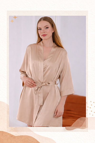 Radu store Women's Satin Dressing Gown Beige Plain Cut with Tie