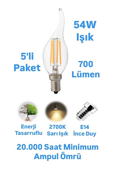 repplam 6 Watt E14 Duylu Rustik Led Ampul Kıvrık Sarı Işık Avize Ampulu Ince ...
