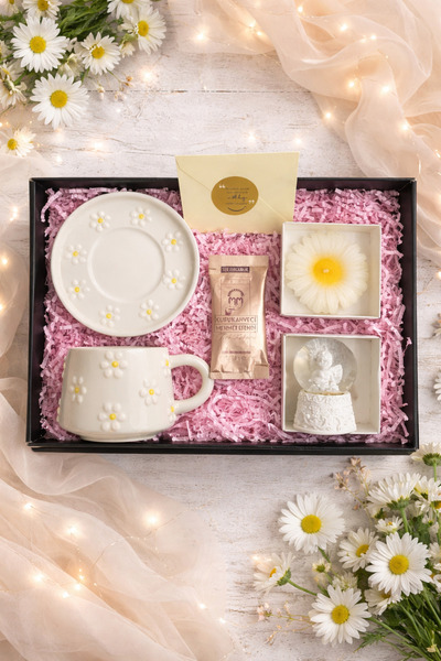 hediport Hediyelik Papatya Desenli Kupa Bardak - Kupa Tabağı - Melek Kar Küre...