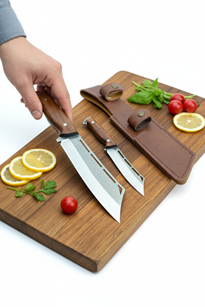 MERTCAN KNİFE 2'li Özel Tasarım Kamp ve Doğa Seti - Kahverengi Deri Kılıflı P...