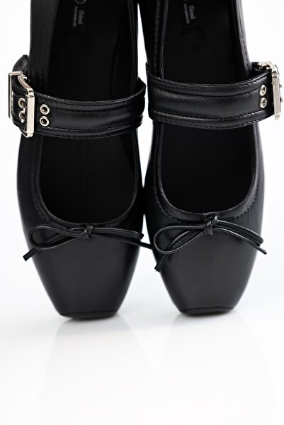 5in1Canpolat Black Buckle Square Toe Ballerinas 24154