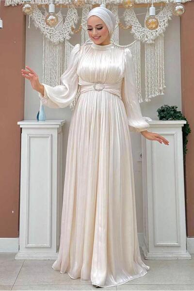 TRENDTESETTÜR KADIN BEJ BALON KOL ABİYE ELBİSE T 3107