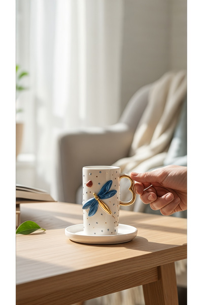 EL YAPIMI Yusufçuk & Dragonfly Temalı 24K Altın Süslemeli Seramik Mug Hediyel...