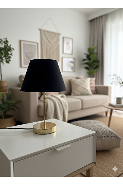 Emg DesiGn Leola Gold Ayak Siyah Konik Şapka Modern Abajur Gece Lambası