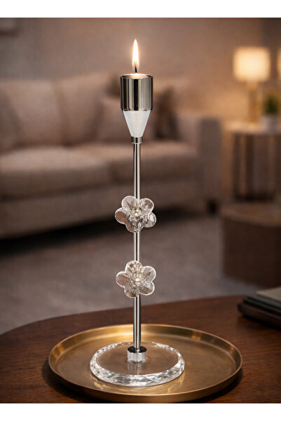 ALQANNAS حامل شموع أنيق من الفولاذ الفضي مع زجاج كريستالي، تصميم زخرفي فاخر