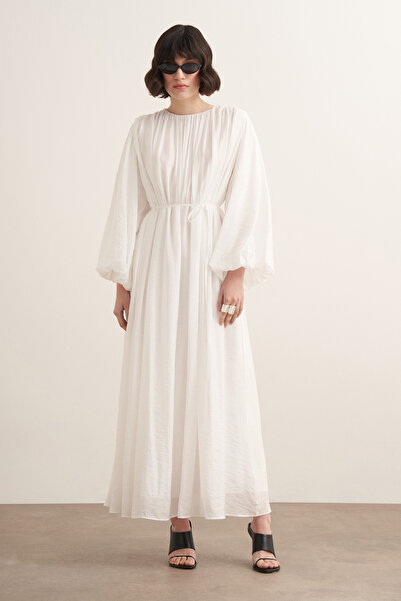 Moca Cleo Büzgü Detaylı Uzun Elbise Beyaz