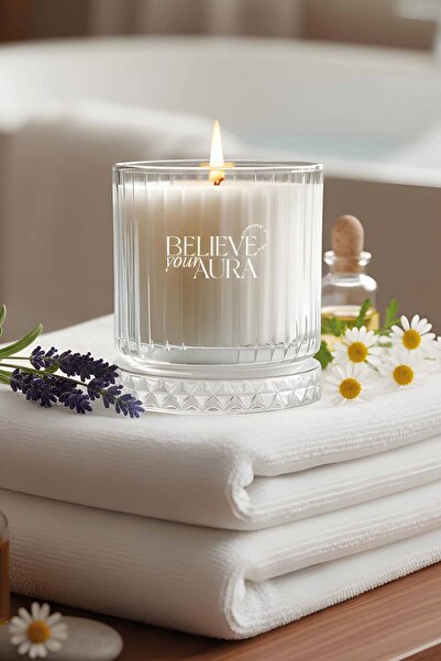 Believe Your Aura Lavanta Kokulu Bardak Mum - %100 Doğal Soya Mumu Kristal Ba...