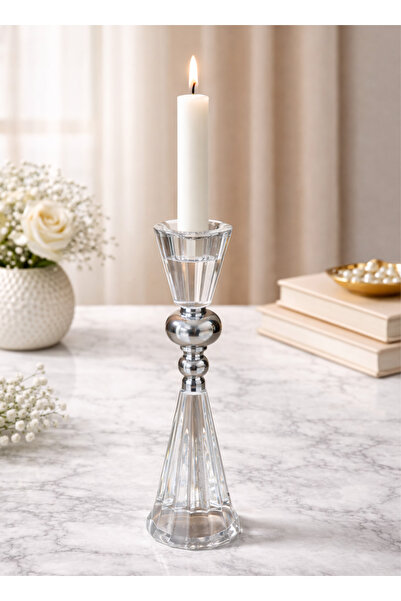 ALQANNAS حامل شموع أنيق من الفولاذ الفضي مع زجاج كريستالي، تصميم زخرفي فاخر