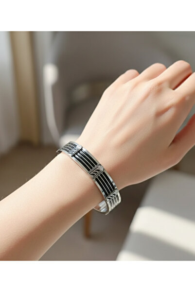 stainless steell saydam renkli siyah şeritli kalın çelik bileklik