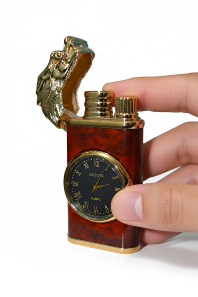 MERTCAN KNİFE Saatli Çift Ateşli Pürmüz Çakmak - Ejderha Kapaklı Retro Model