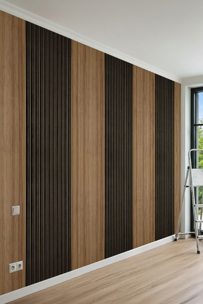 MİRAZAWALL Modern Dikey Ahşap Panel Görünümlü Tek Parça Tekstil Duvar Kağıdı
